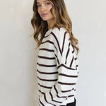 Hailey Button Down Cardigan in Cabana Stripe Cream-Brown, side view