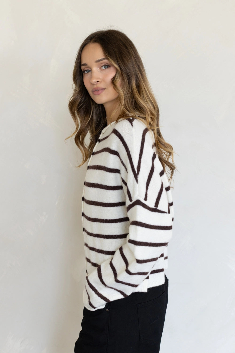 Hailey Button Down Cardigan in Cabana Stripe Cream-Brown, side view