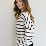 Hailey Button Down Cardigan in Cabana Stripe Cream-Brown, side view