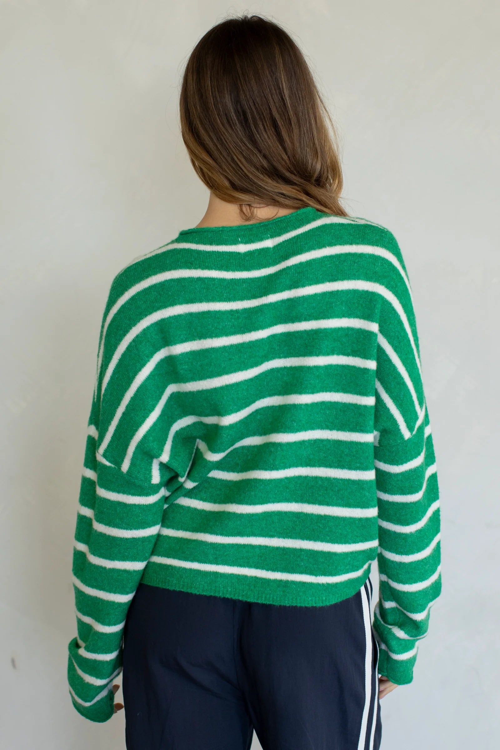 Hailey Button Down Cardigan in Kelly green cabana stripe, back