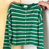 Hailey Piper Cardigan in Kelly green and white cabana stripe, flat lay front view