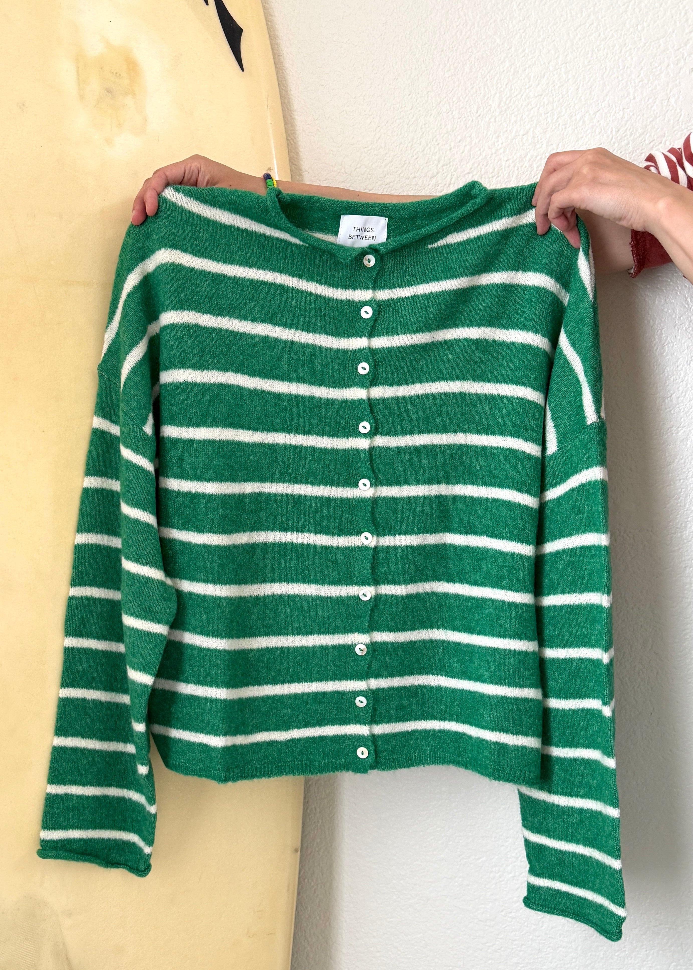 Things Between Piper Cardigan Cabana Stripe Kelly Green -  flat lay front view