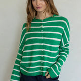 Hailey Button Down Cardigan in Kelly green cabana stripe, front view