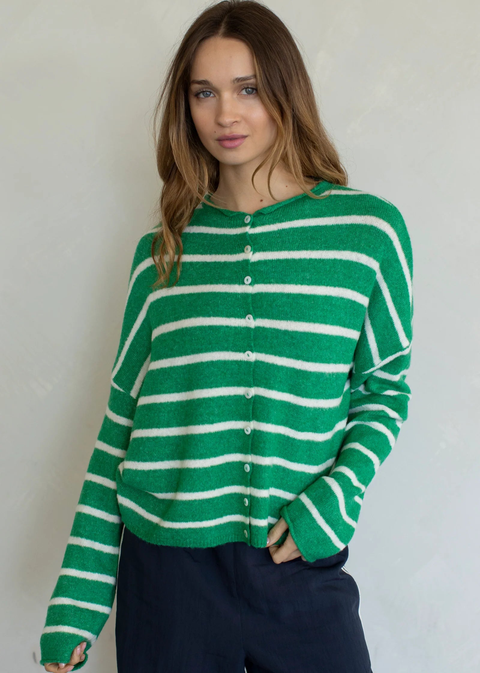 Things Between Piper Cardigan Cabana Stripe Kelly Green, front view