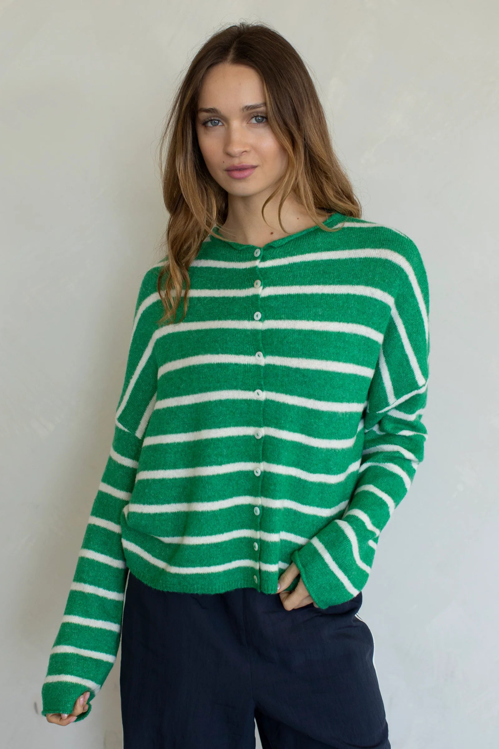 Hailey Button Down Cardigan in Kelly green cabana stripe, front view
