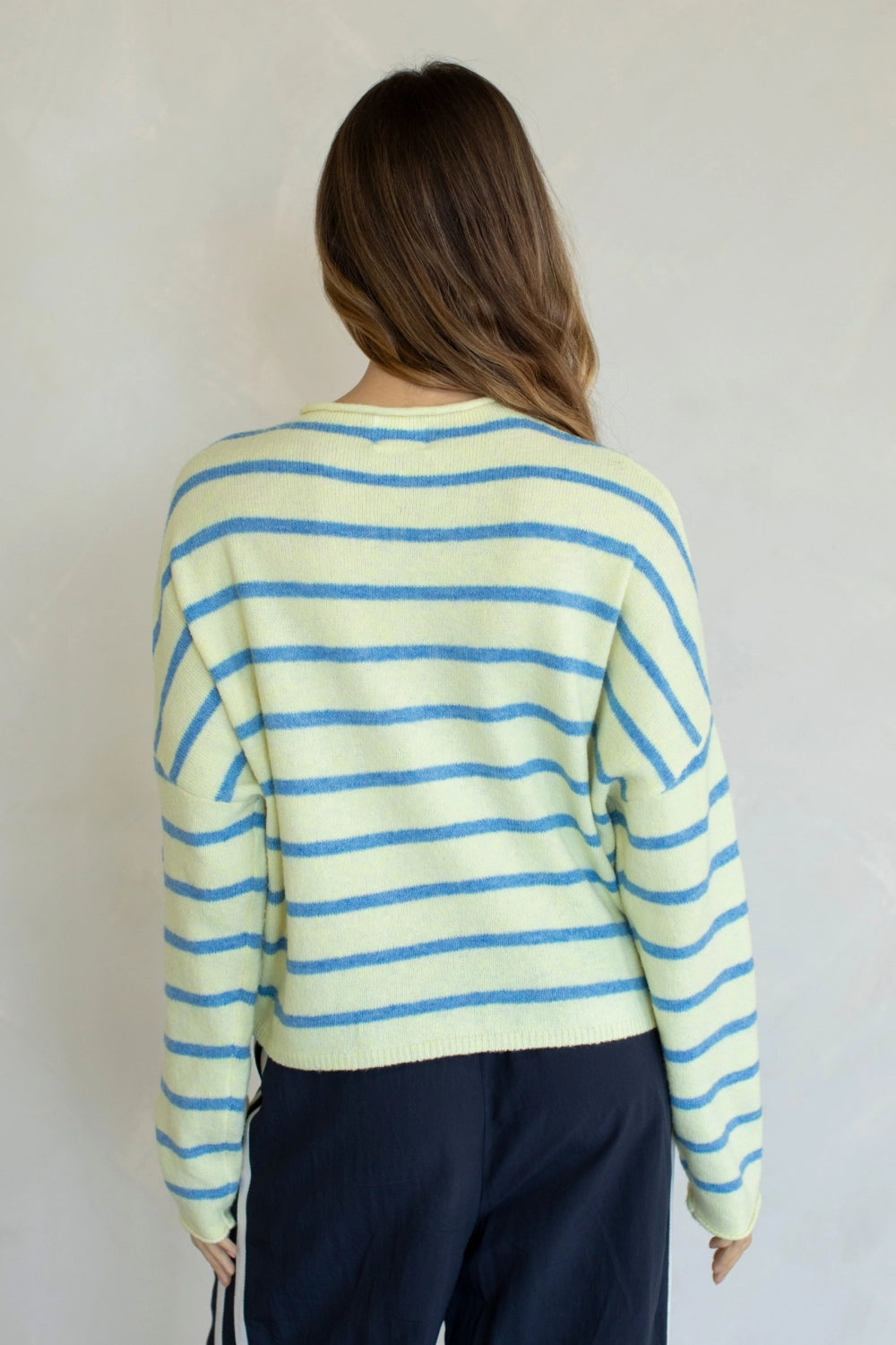 Hailey Button Down Cardigan in Cabana Stripe Light Yellow, back view