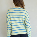 Hailey Button Down Cardigan in Cabana Stripe Light Yellow, back view
