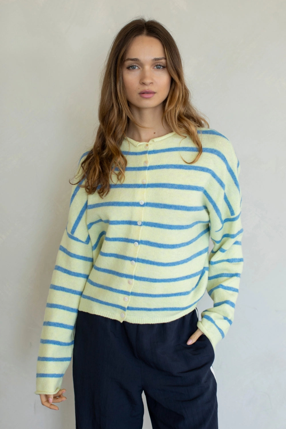 Hailey Button Down Cardigan in Cabana Stripe Light Yellow, front view
