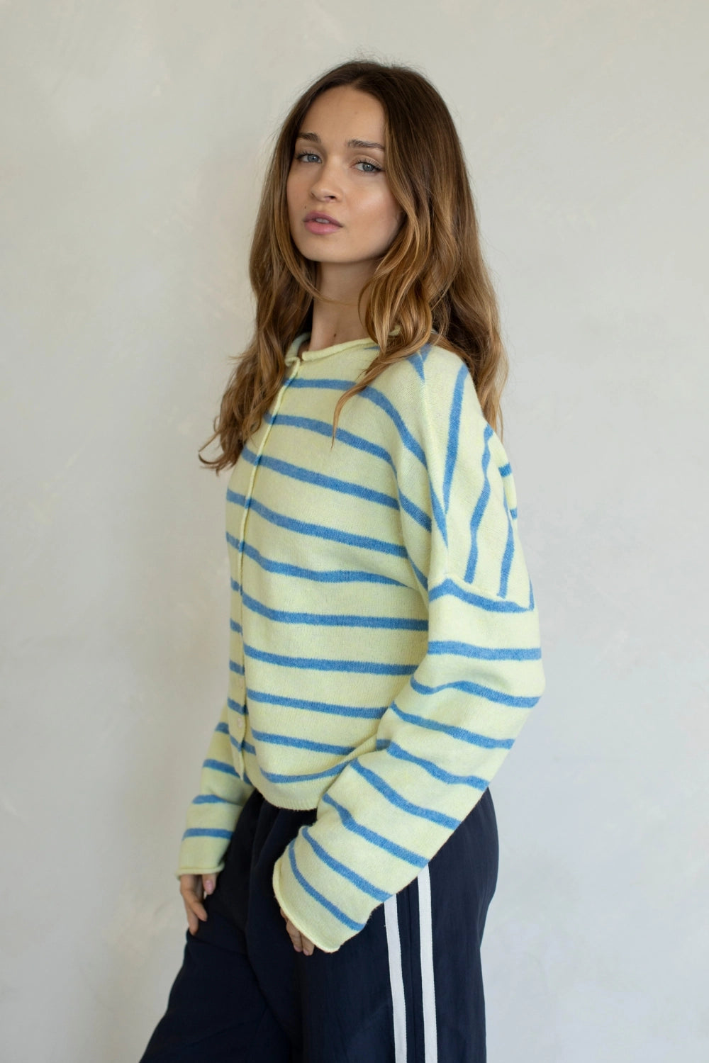 Hailey Button Down Cardigan in Cabana Stripe Light Yellow, side view
