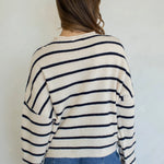 Hailey Button Down Cardigan in Cabana Stripe Natural-Navy, back view