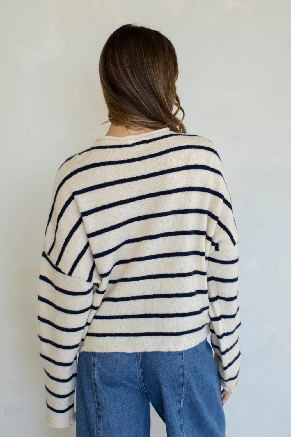 Hailey Button Down Cardigan in Cabana Stripe Natural-Navy, back view