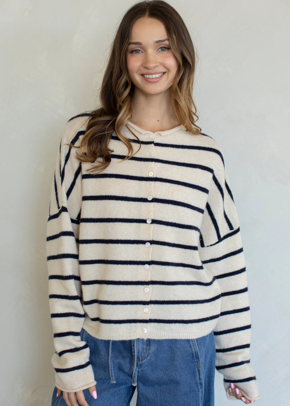 Things Between Piper Cardigan Cabana Stripe Natural Navy, front view