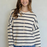 Hailey Button Down Cardigan in Cabana Stripe Natural-Navy, front view