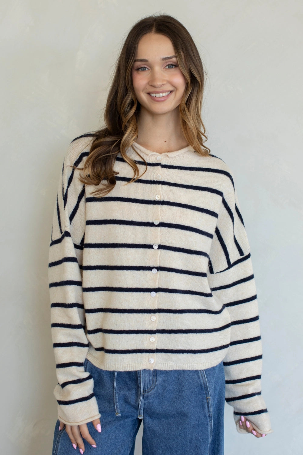 Hailey Button Down Cardigan in Cabana Stripe Natural-Navy, front view