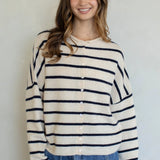 Hailey Button Down Cardigan in Cabana Stripe Natural-Navy, front view