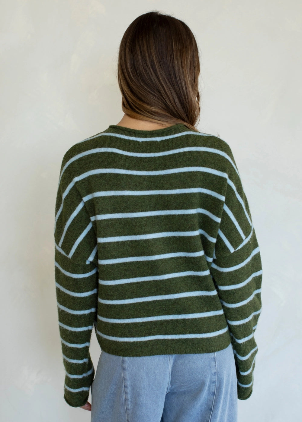 Things Between Piper Cardigan Cabana Stripe Olive Blue - back view