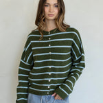 Front view of the Hailey Button Down Cardigan in Cabana Stripe Olive-Blue with button-down front and light blue stripes