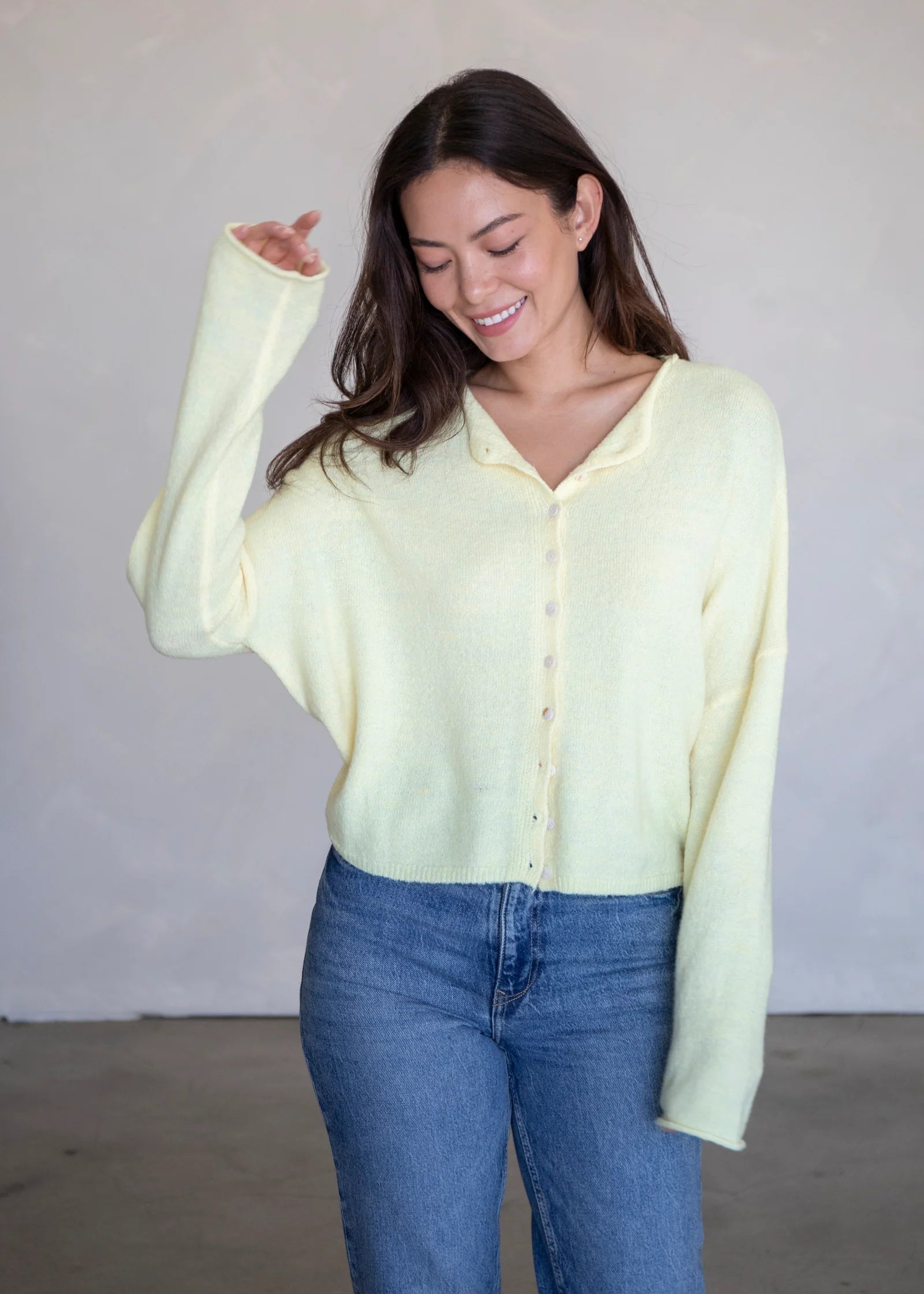 Piper Cardigan (Hailey Button Down Cardigan) styled casually with jeans — cozy everyday women’s layering sweater.