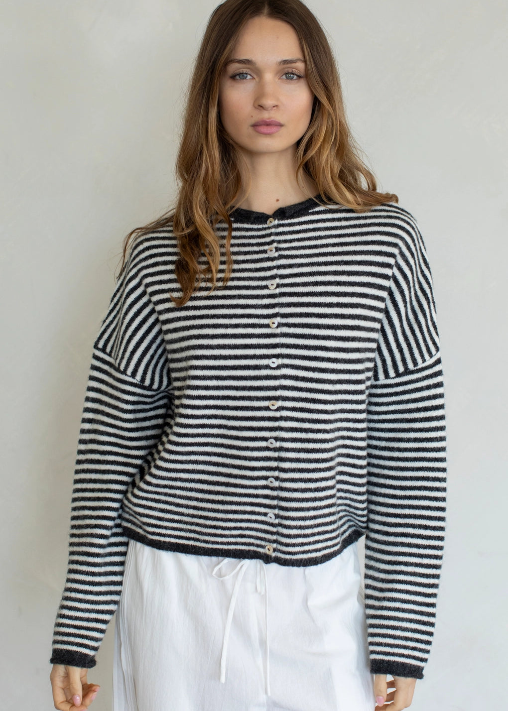 Things Between Piper Cardigan Mini Striped Charcoal - front view