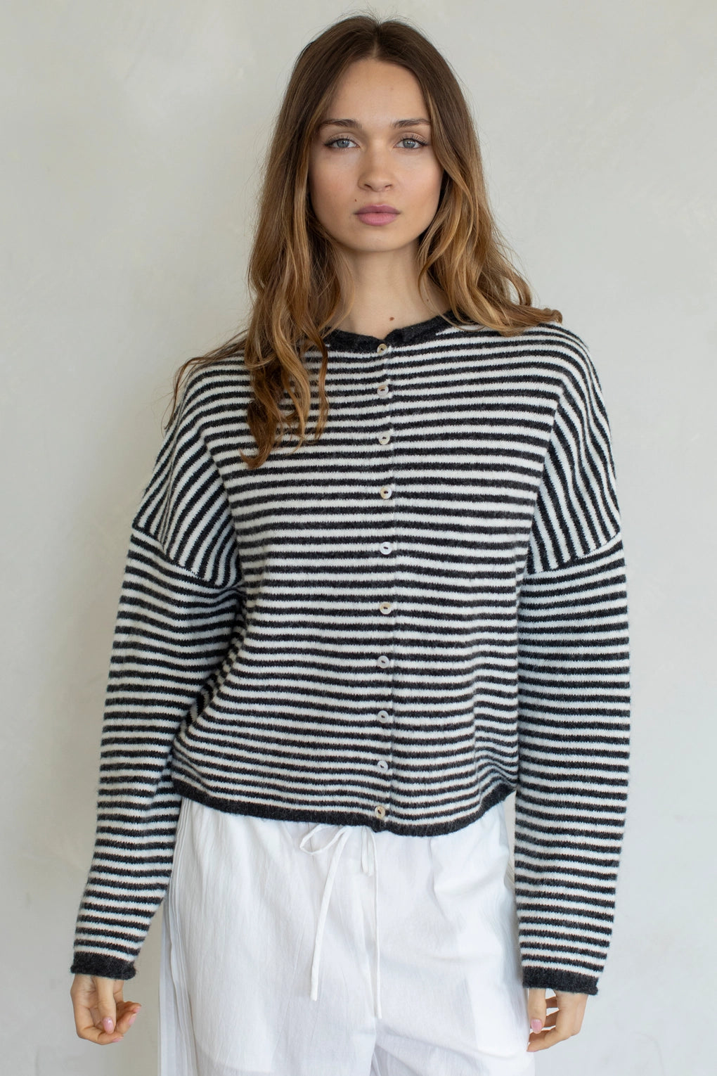 Hailey Button Down Cardigan in charcoal mini striped front view