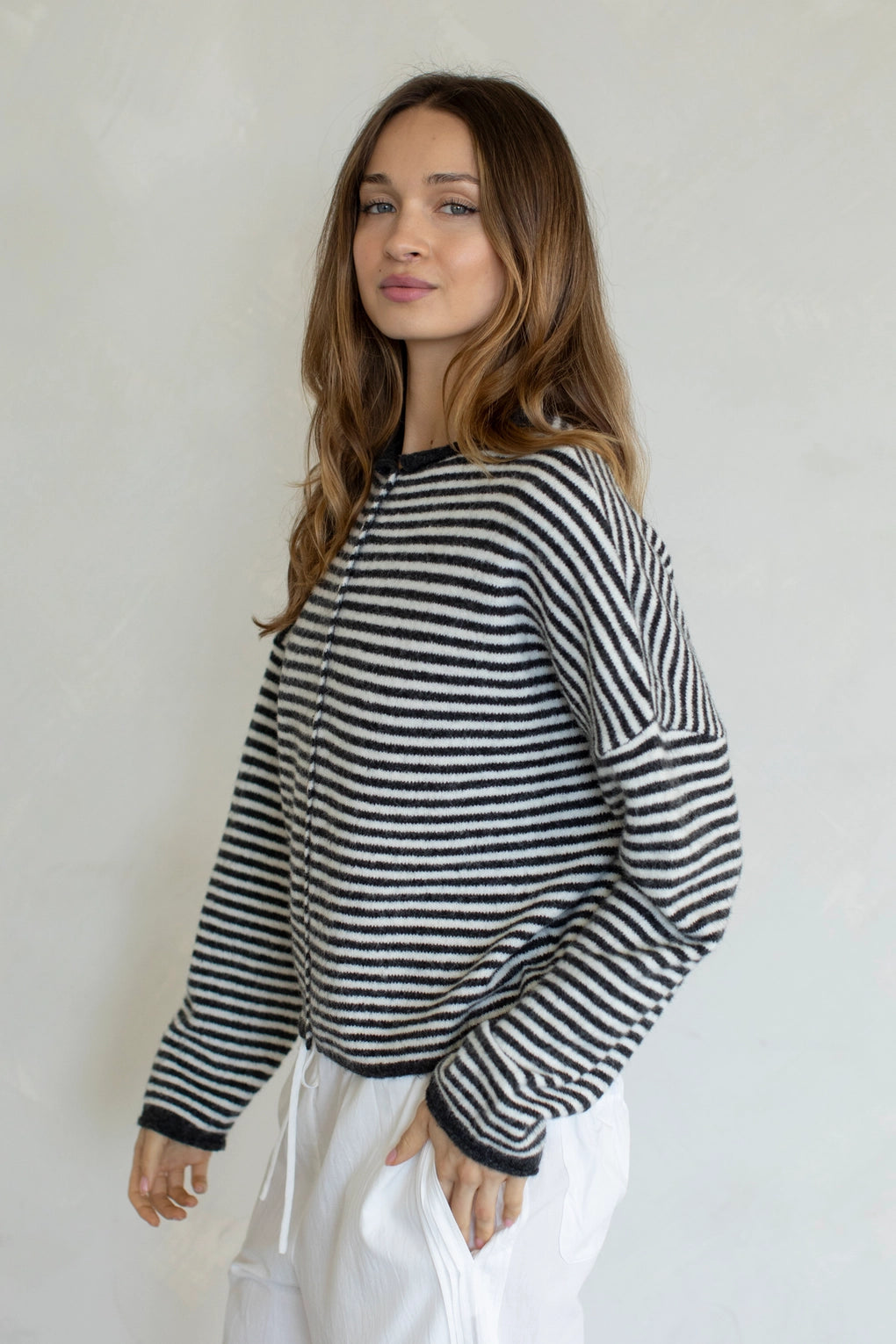 Hailey Button Down Cardigan in charcoal mini striped side view