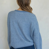 Back view of the Hailey Button Down Cardigan in a Dusty Blue pin-striped knit.