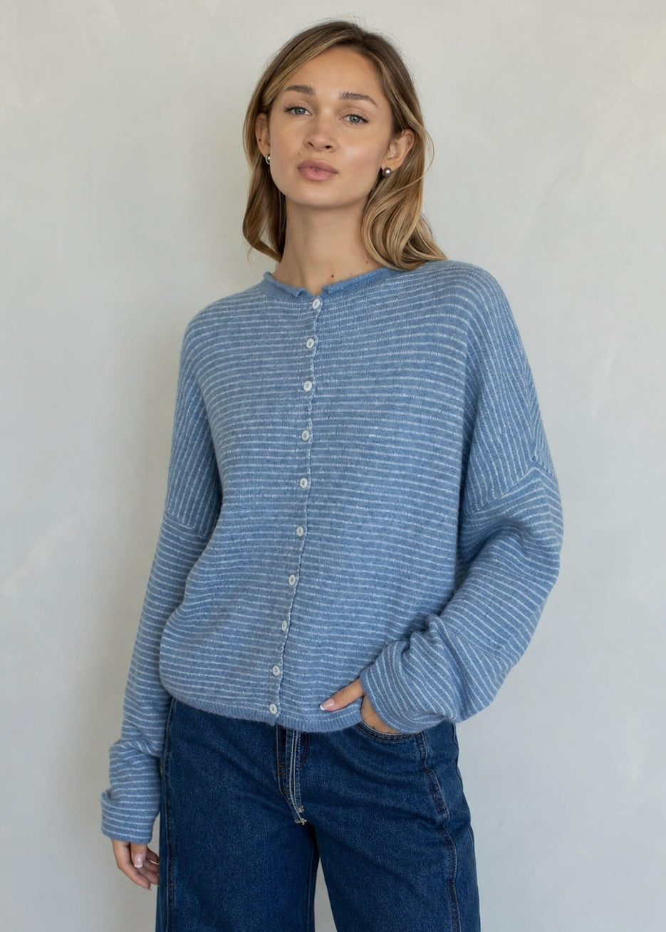 Things Between Piper Cardigan Pin-Striped Dusty Blue - front view