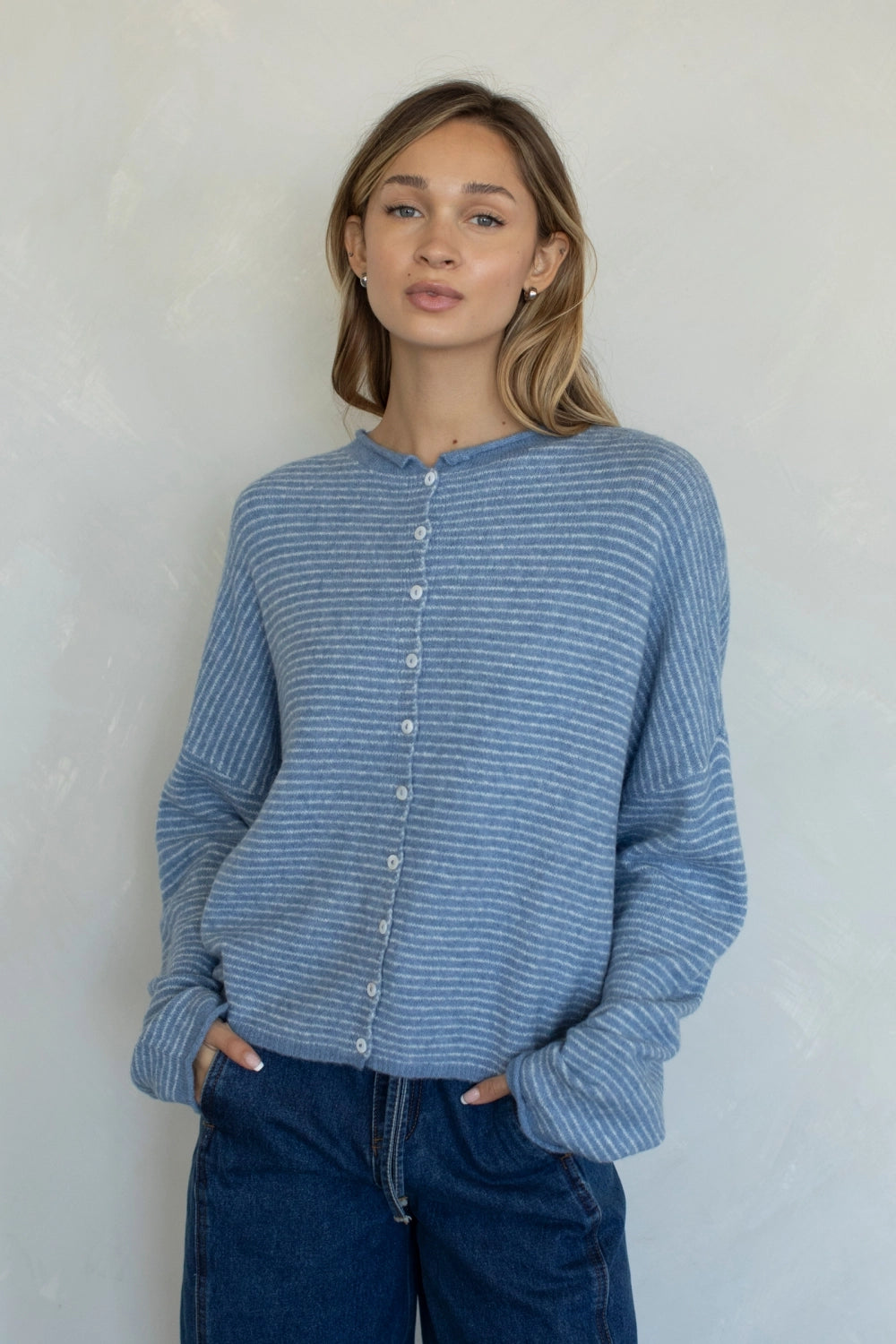 Hailey Button Down Cardigan -  Pin-Striped - Dusty Blue