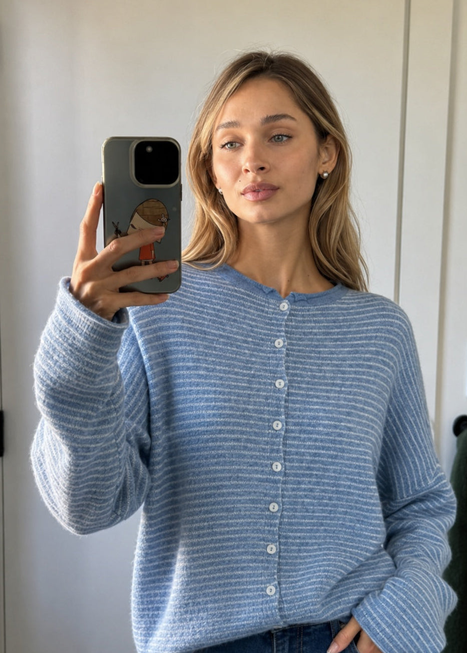 Things Between Piper Cardigan Pin-Striped Dusty Blue - lifestyle front view