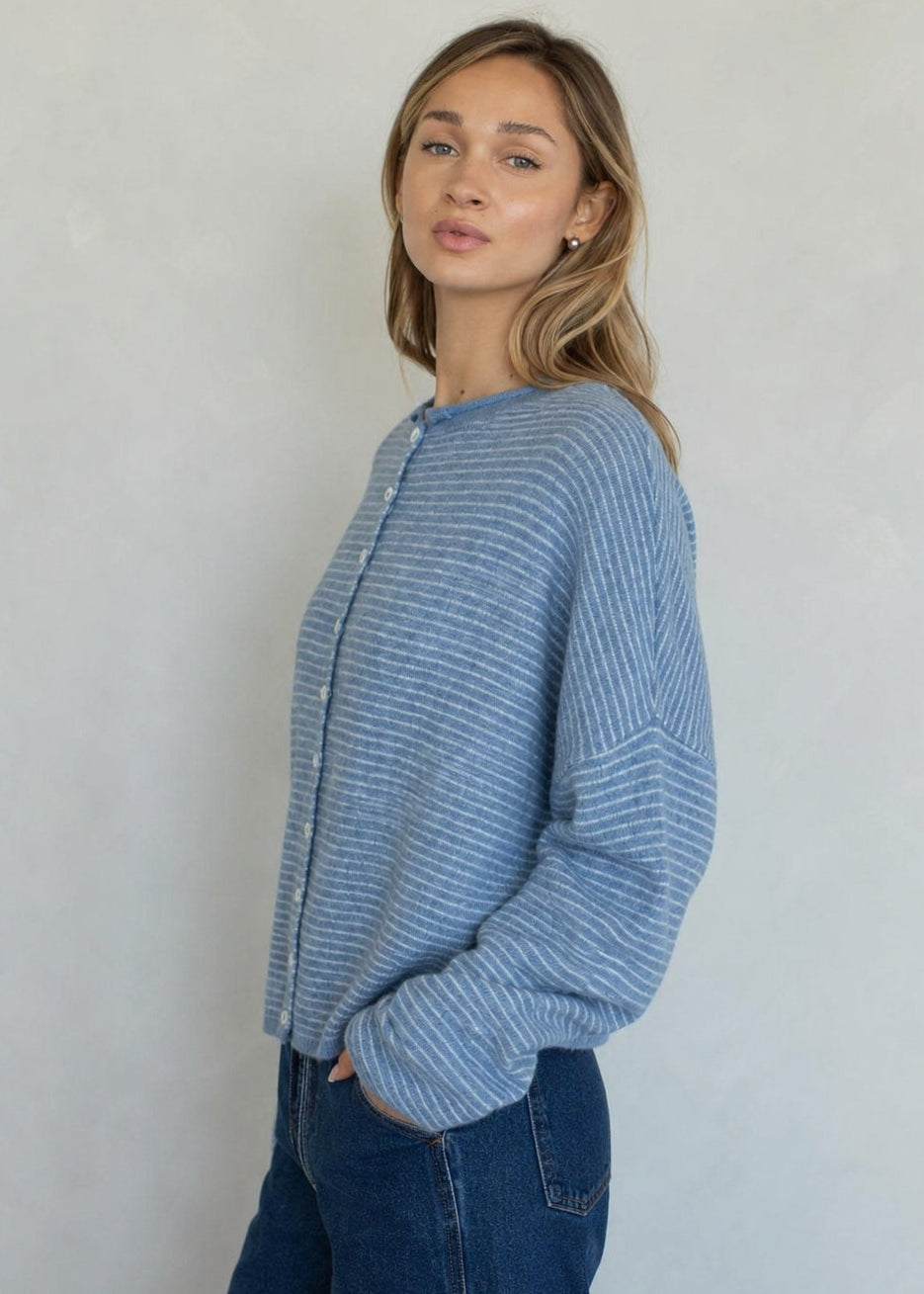Things Between Piper Cardigan Pin-Striped Dusty Blue - side view