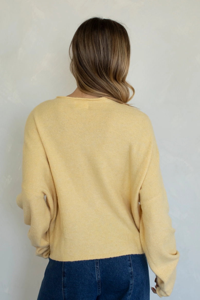 Back view of the Hailey Button Down Cardigan (Piper Cardigan) in honey showing relaxed fit