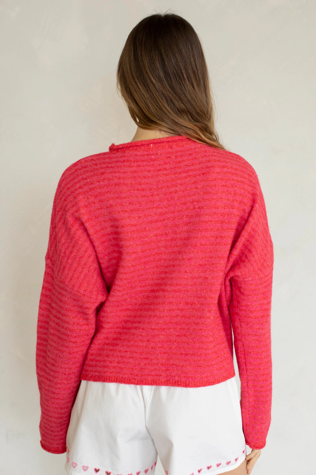 Hailey Button Down Cardigan in mini striped cherry red back view