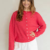 Woman wearing Hailey Button Down Cardigan in mini striped cherry red front view