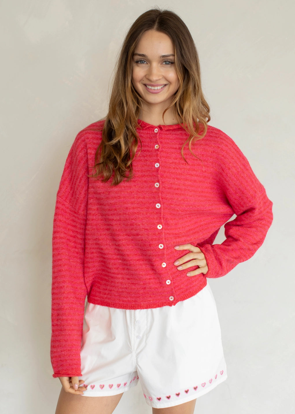Things Between Piper Cardigan Mini Stripe Cherry Red - lifestyle front view
