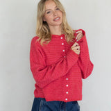 Hailey button down cardigan in cherry red mini stripe, front view with soft lightweight knit