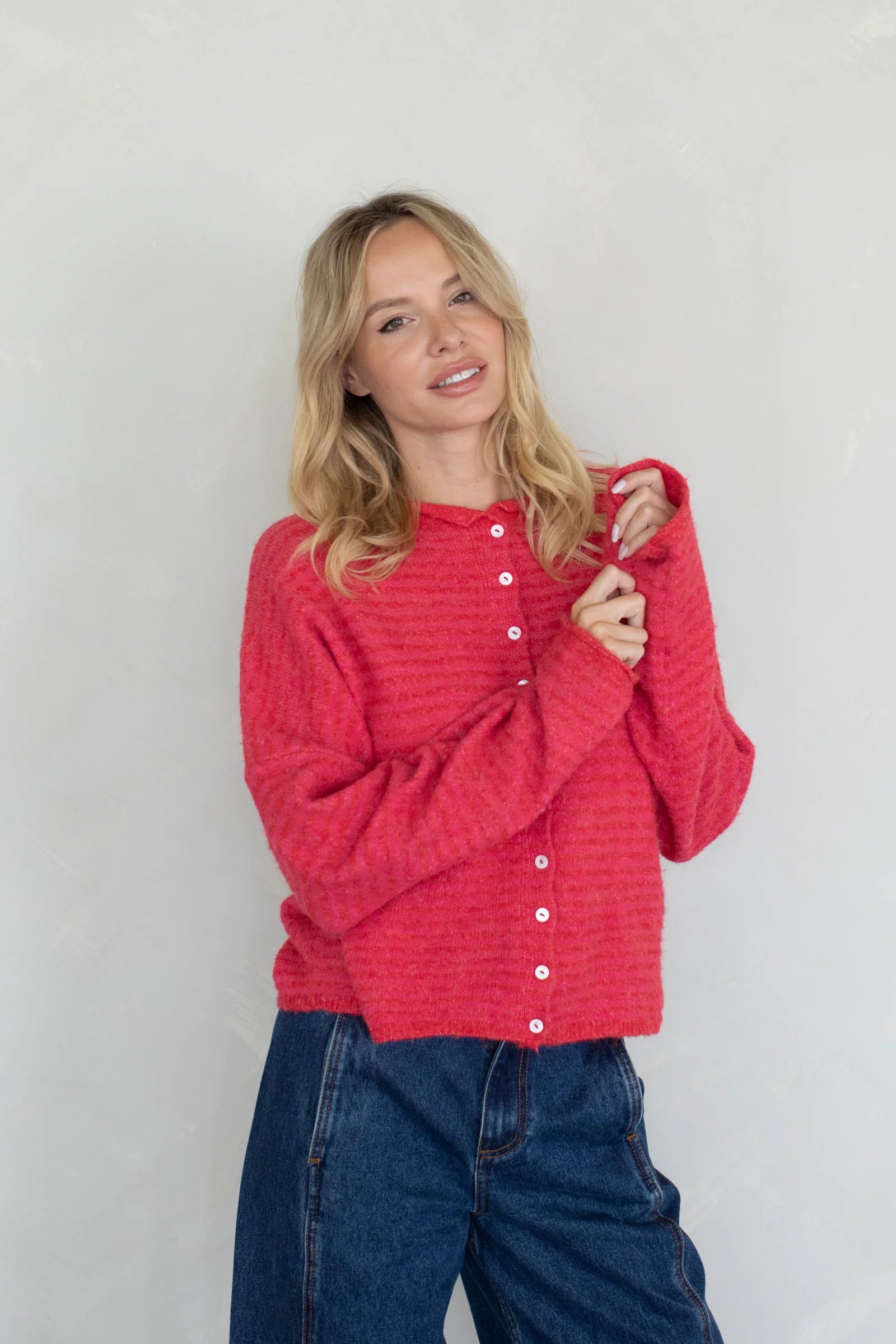 Hailey button down cardigan in cherry red mini stripe, front view with soft lightweight knit