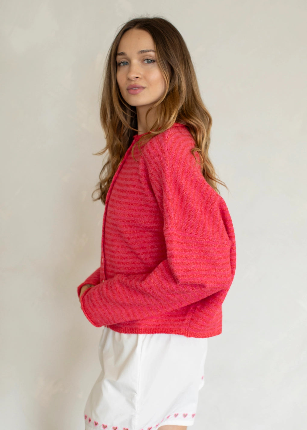 Things Between Piper Cardigan Mini Stripe Cherry Red - side view