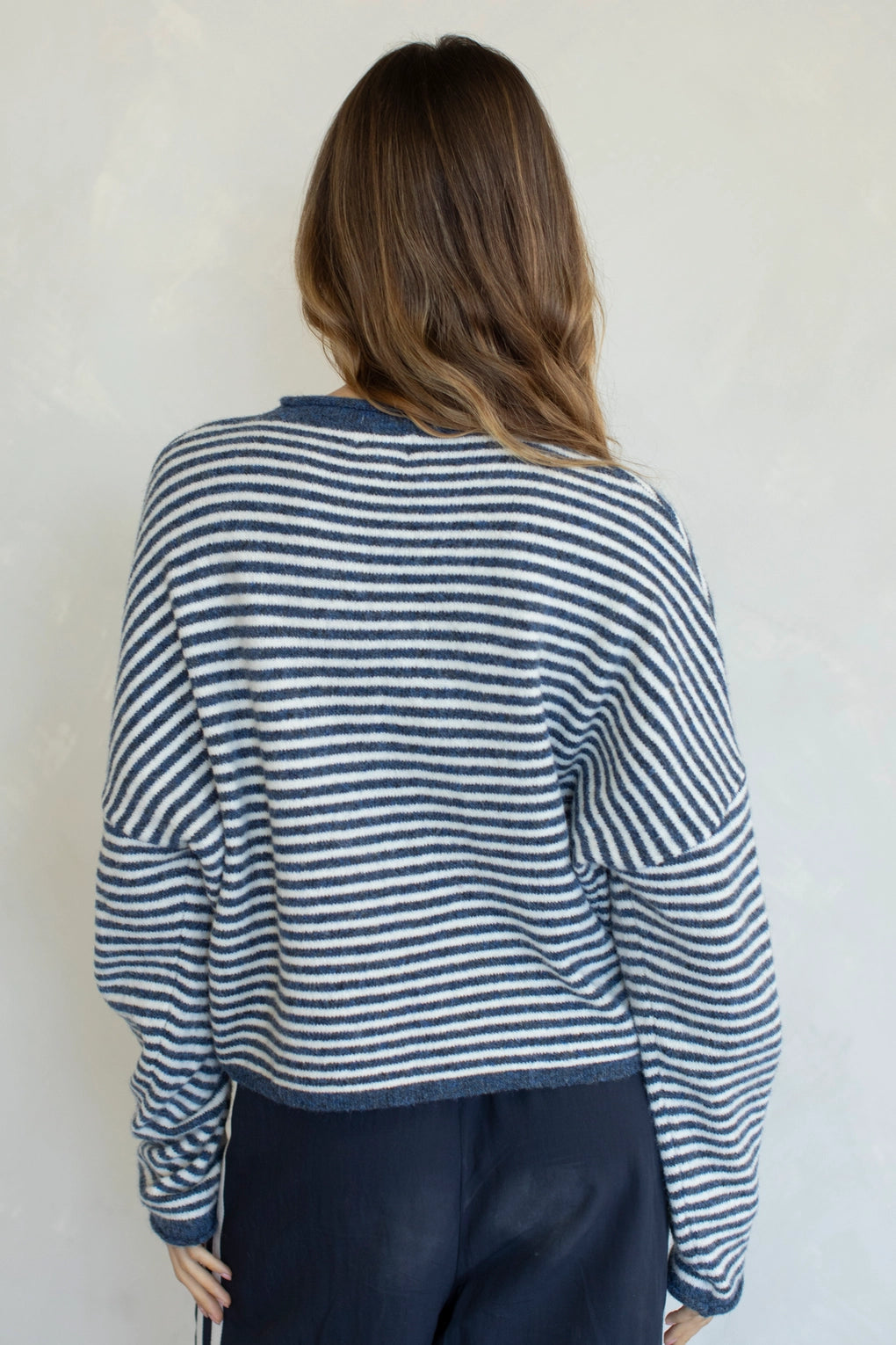Hailey Button Down Cardigan in mini striped denim back view