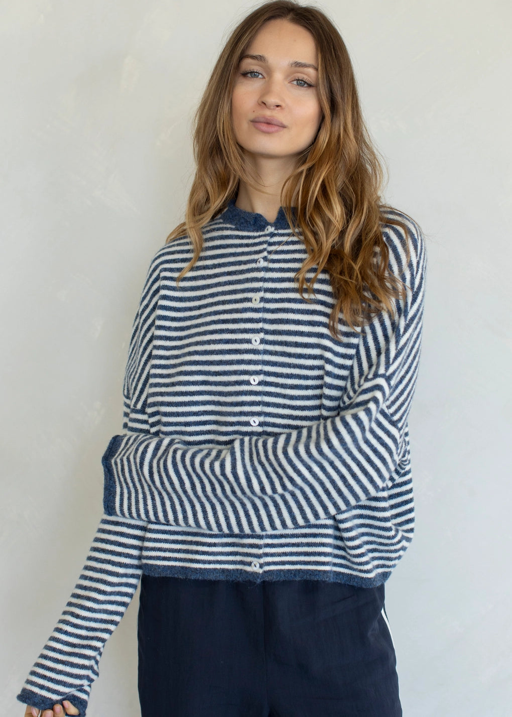 Things Between Piper Cardigan Mini Stripe Denim - front view