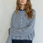 Woman wearing Hailey Button Down Cardigan in mini striped denim - front view