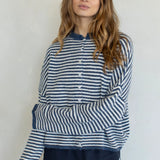 Woman wearing Hailey Button Down Cardigan in mini striped denim - front view