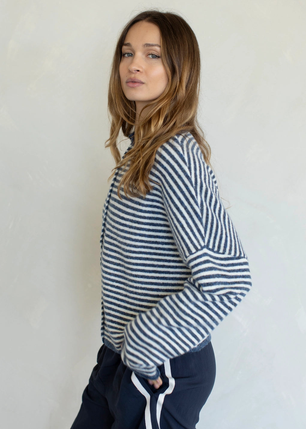 Things Between Piper Cardigan Mini Stripe Denim - side view