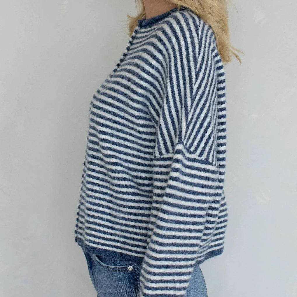 Hailey Button Down Cardigan Mini Striped Denim side view relaxed fit knit cardigan