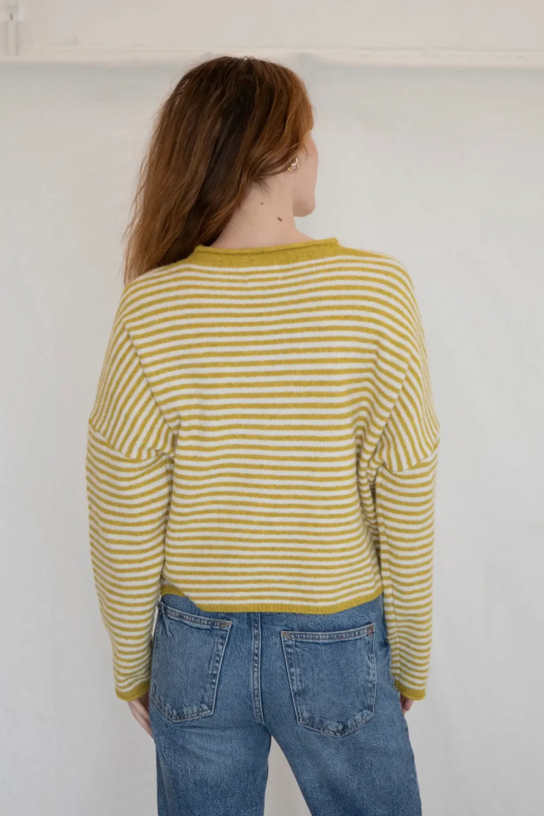 Hailey Button Down Cardigan in Mini Striped Dijon Yellow, back view