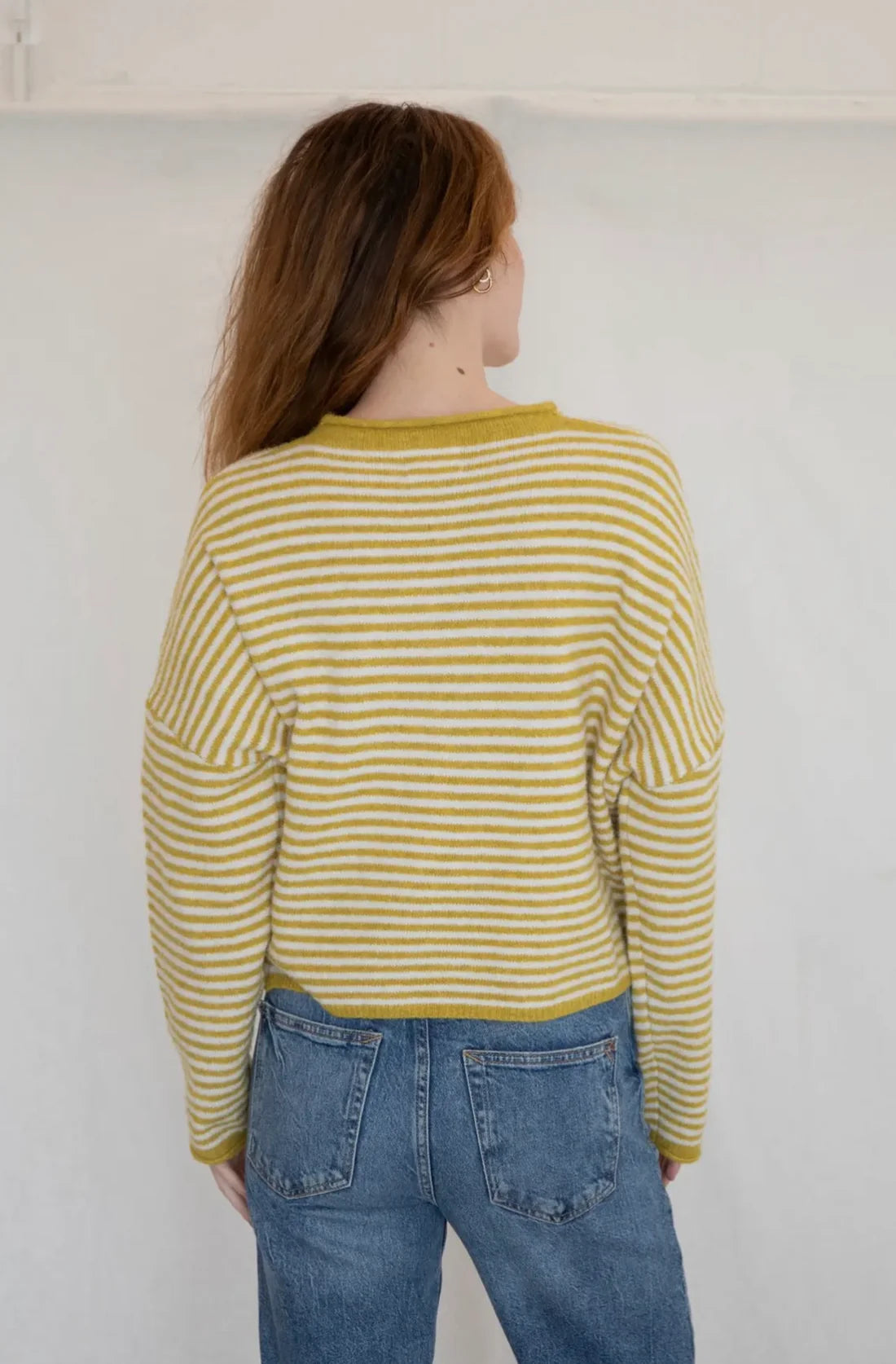 Hailey Button Down Cardigan in Mini Striped Dijon Yellow, back view
