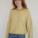 Hailey Button Down Cardigan in Mini Striped Dijon Yellow, front view