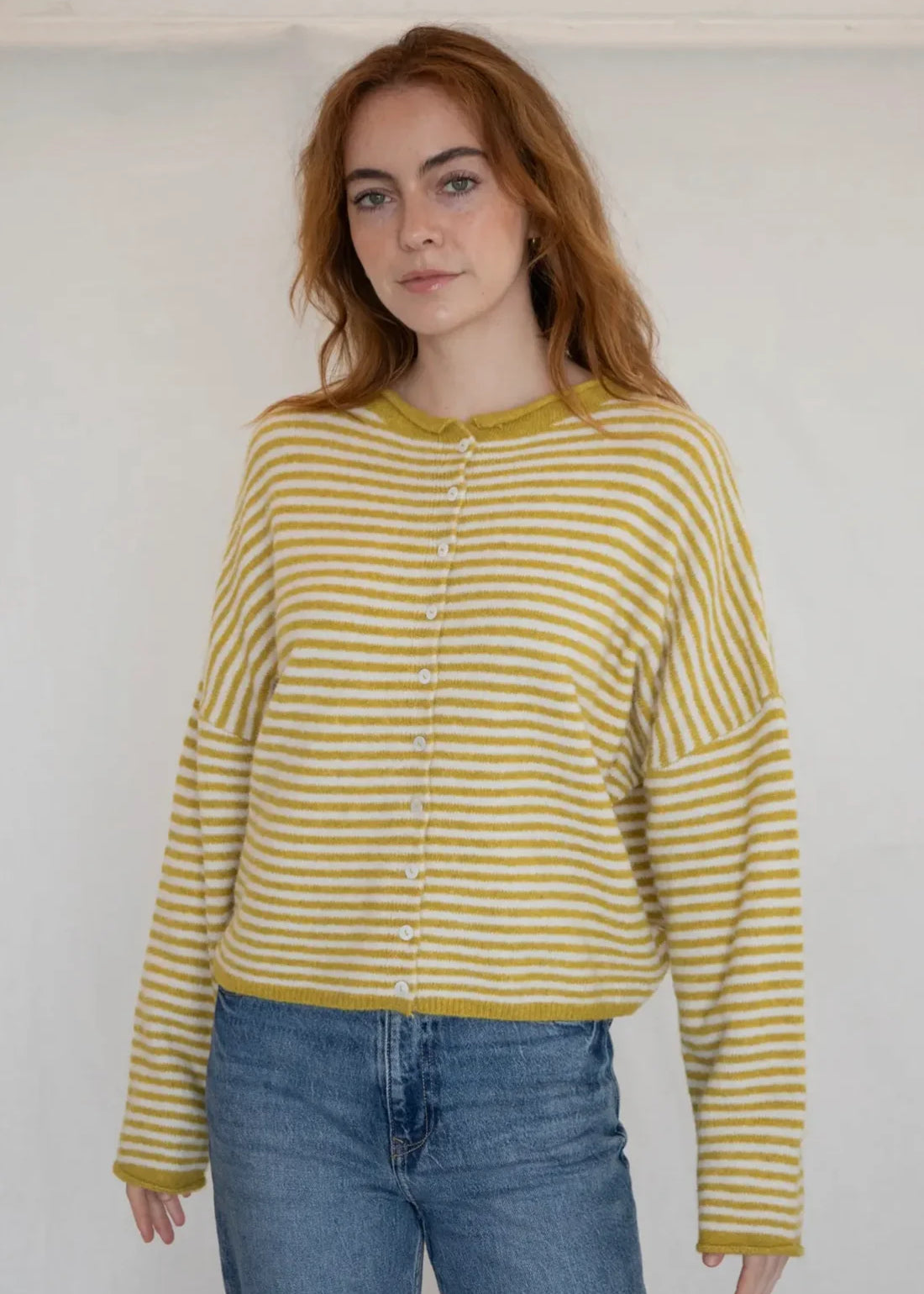 Things Between Piper Cardigan Mini Stripe Dijon Yellow - front view