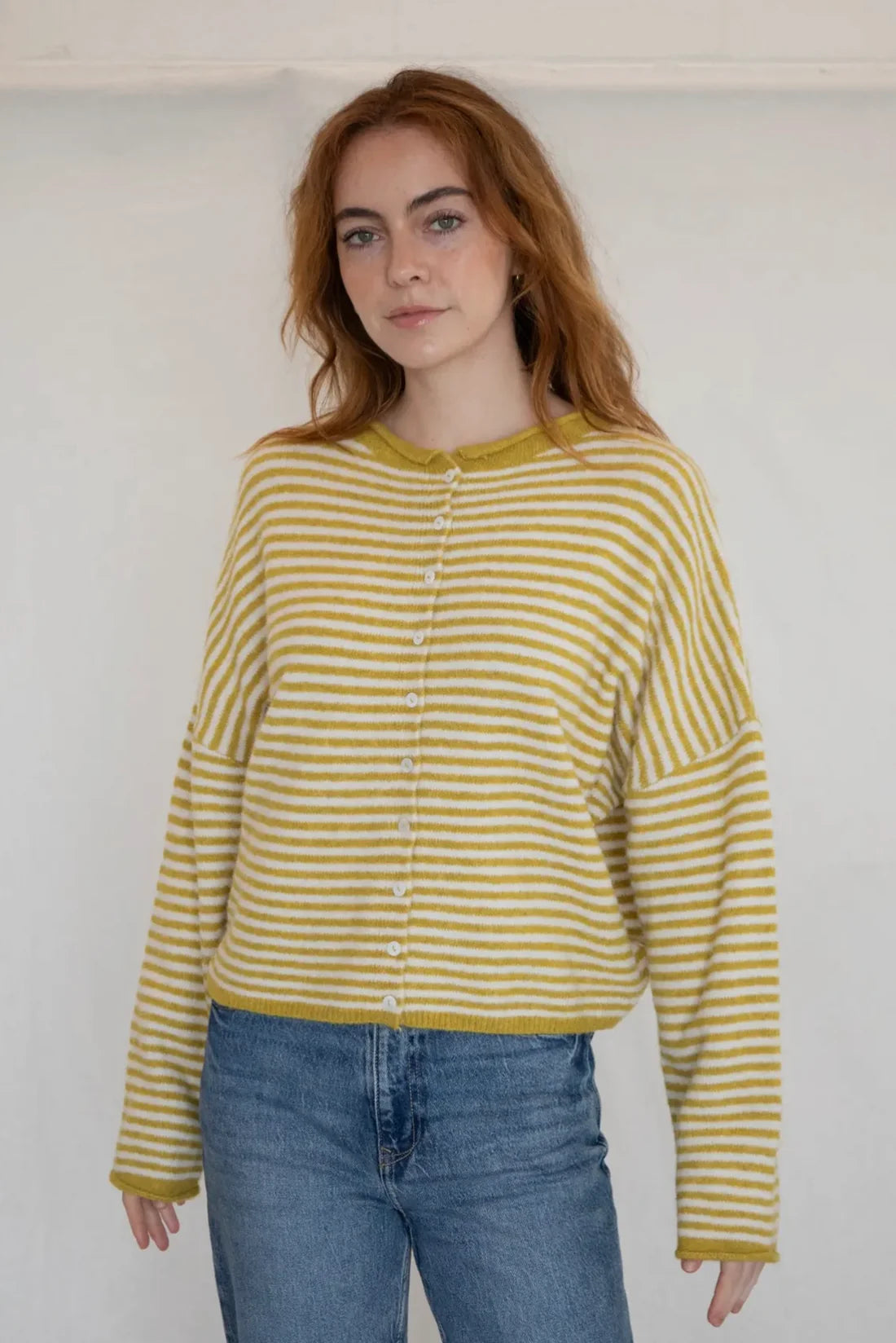 Hailey Button Down Cardigan in Mini Striped Dijon Yellow, front view