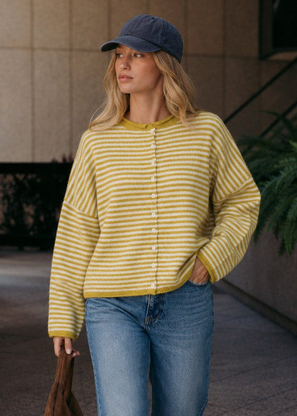 Things Between Piper Cardigan Mini Stripe Dijon Yellow - lifestyle front view