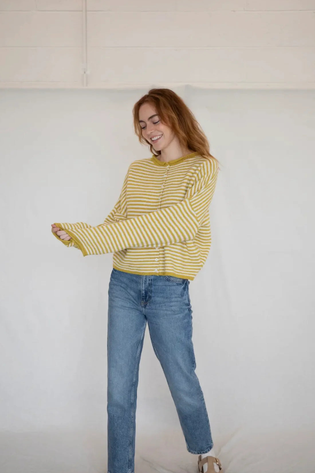 Hailey Button Down Cardigan - Mini striped - Dijon Yellow